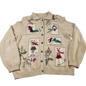 Alfred Dunner Petite M Winter Holiday Sweater Cardigan Embroidered Skaters Birds